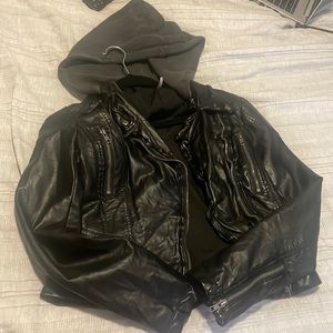 Faux Leather Jacket with Hood